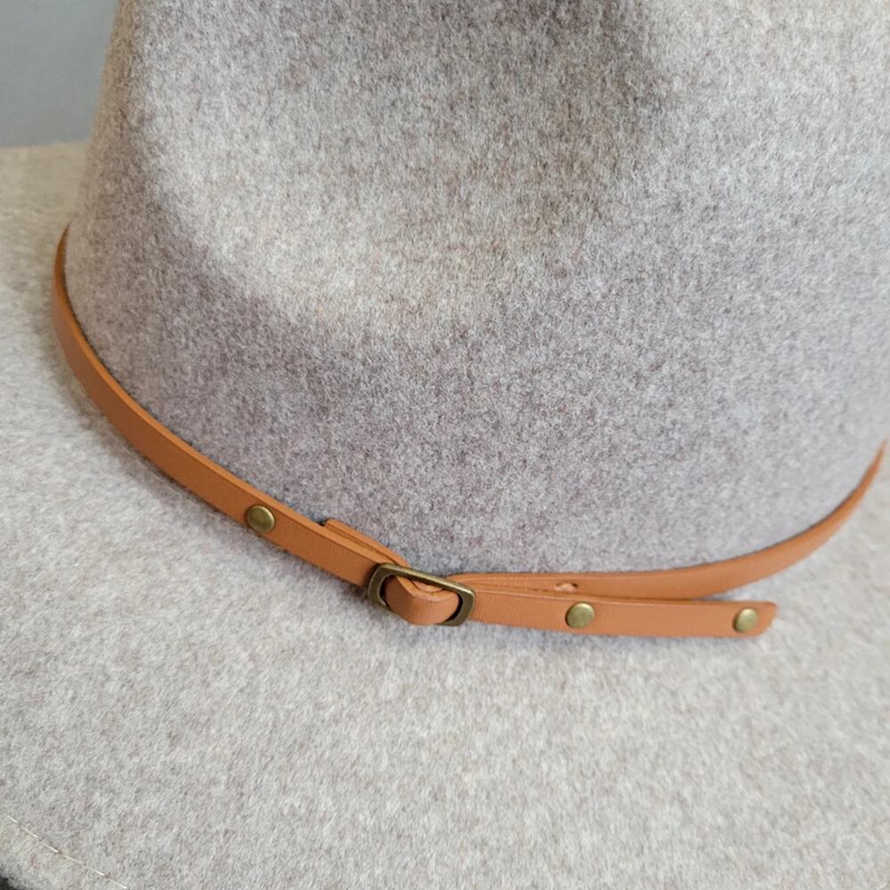 Beige Wool Blend Fedora Hat Thin Strap Classic Style Project Hat Asymetric - Picture 6 of 13